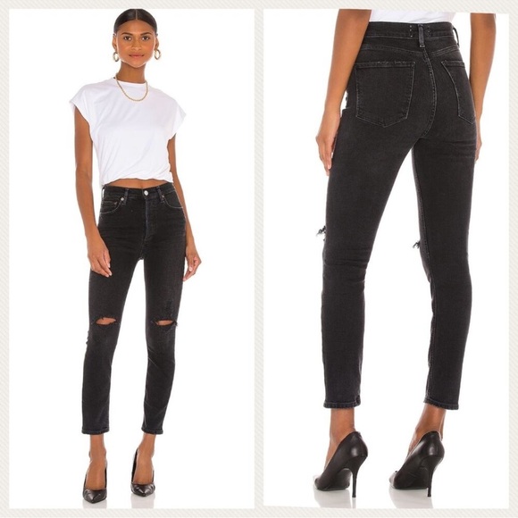 Agolde Nico High Rise Slim Jeans Button Fly Black  Distressed Size 25 - Picture 1 of 7
